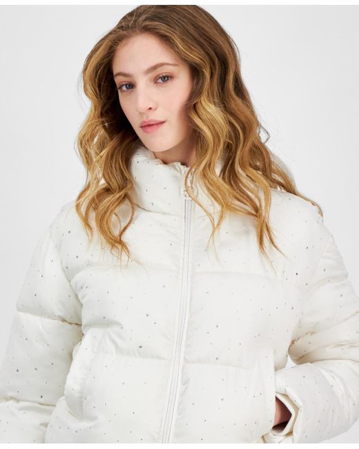 Guess White Antonia Strass Embellished Puffer Coat