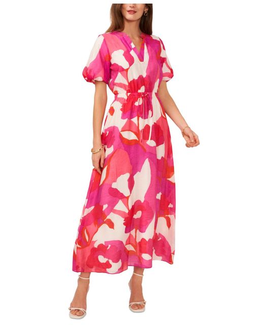 Vince Camuto Red Printed Split-neck Puff-sleeve Dress