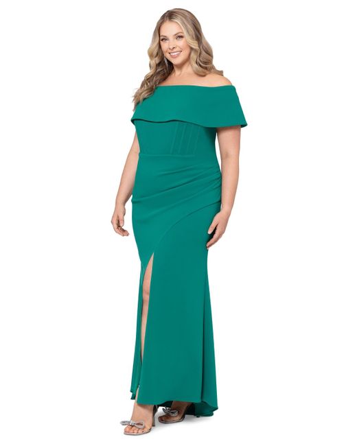 Betsy & Adam Green Plus Size Corset Off-the-shoulder Gown