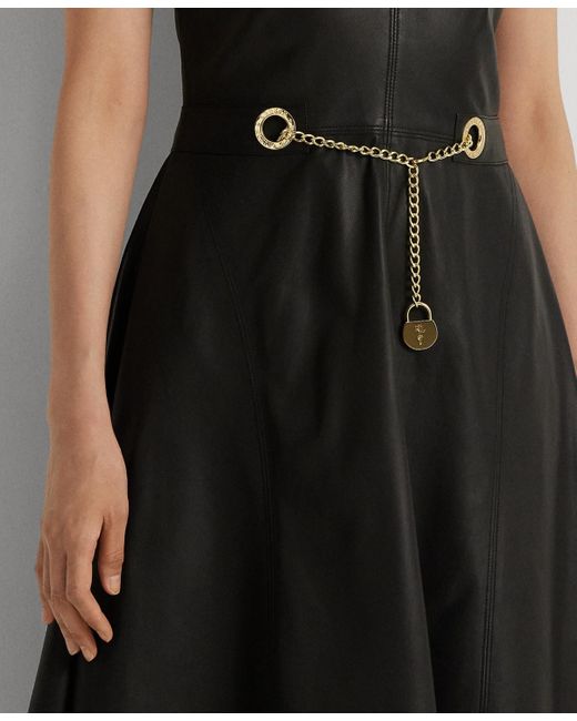 Lauren by Ralph Lauren Belted Stretch Lambskin Dress in Black