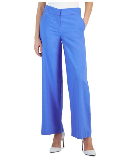 Tahari Blue Solid Wide-leg Mid-rise Linen Pants
