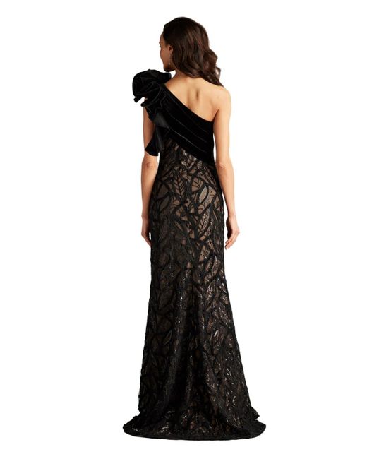Tadashi Shoji Black Caraway One Shoulder Leaf Motif Gown