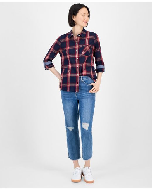 Tommy Hilfiger Blue Crinkled Plaid Button-front Shirt