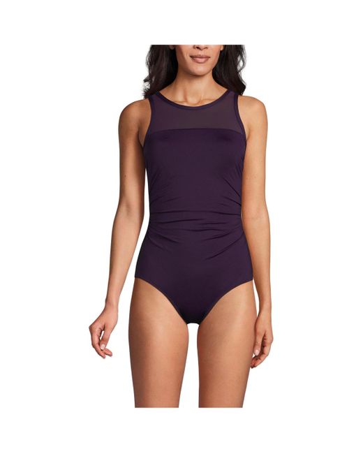 Lands' End Blue Chlorine Resistant Smoothing Control Mesh High Neck One Piece Swimsuit