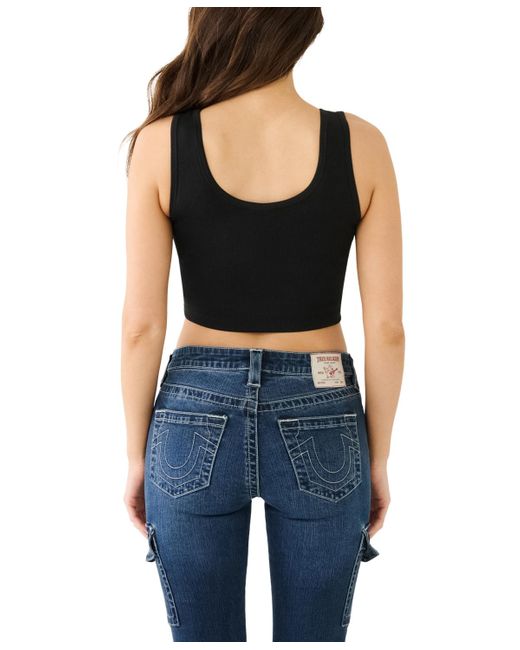 True Religion Blue Glitter Arched Logo Cropped Tank