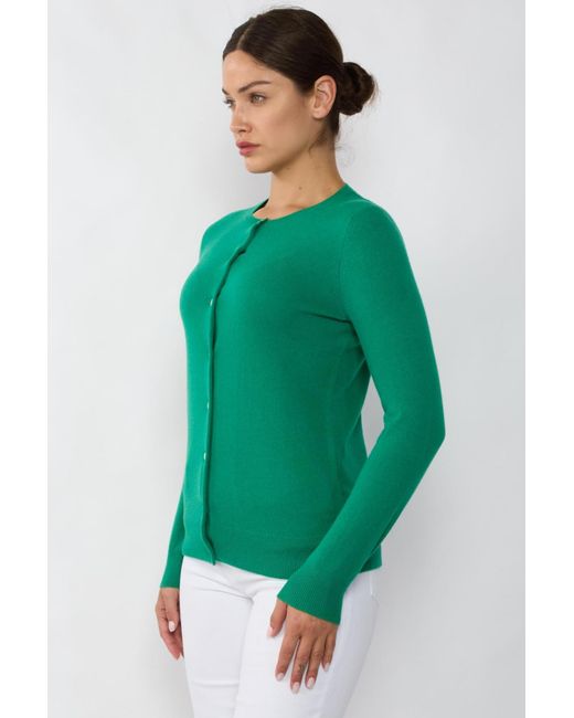 Jennie Liu Green 100% Cashmere Button Front Long Sleeve Crewneck Cardigan Sweater