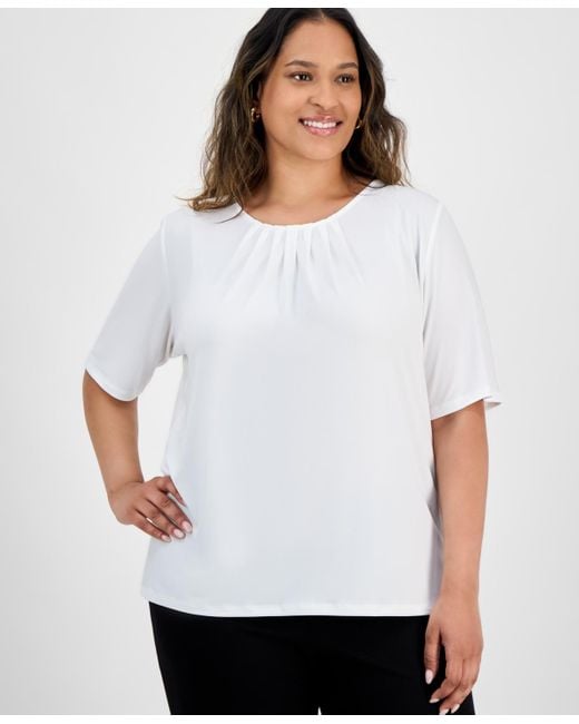 Kasper White Plus Size Elbow-sleeve Pleated-neck Top