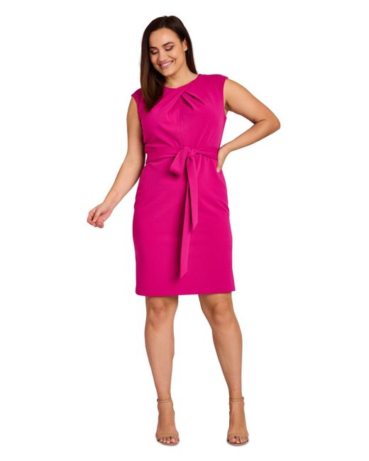 Tahari Pink Plus Size Twist-neck Sleeveless Belted Dress