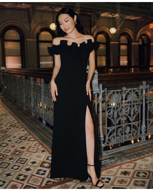 Xscape Blue Ruffled-off-the-shoulder Crepe Gown