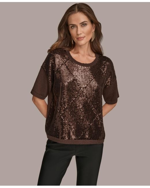 Donna Karan Brown Short Sleeve Sequin Sweater