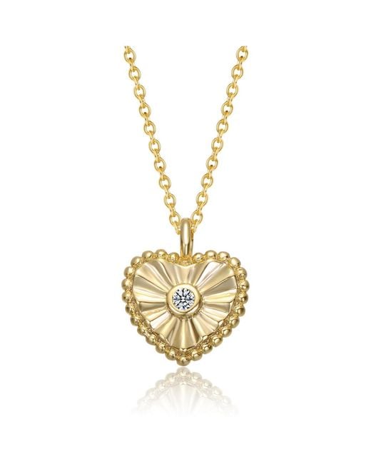 Genevive Jewelry Metallic Sterling Silver 14k Plated Cubic Zirconia Textured Heart Pendant Necklace