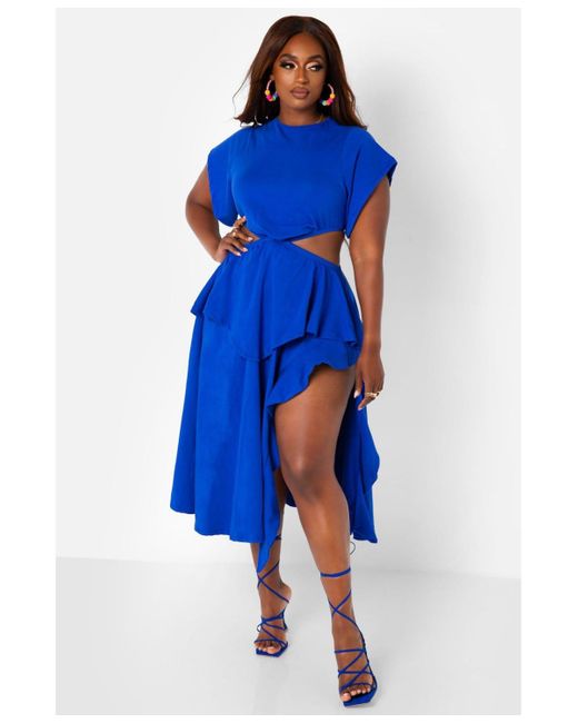 Rebdolls Blue Plus Size Cut Out High Slit Midi Skater Dress