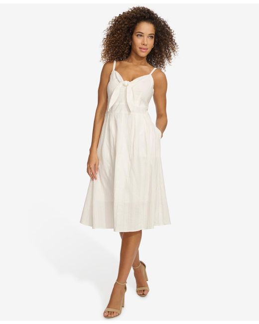 Kensie White Textured Cotton Knot-front Sleeveless Dress