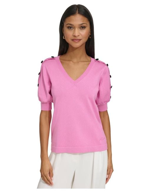 Karl Lagerfeld Pink Short-sleeve Button-trim V-neck Sweater
