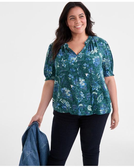Style & Co. Blue Plus Size Printed Ruffle-trim Blouse