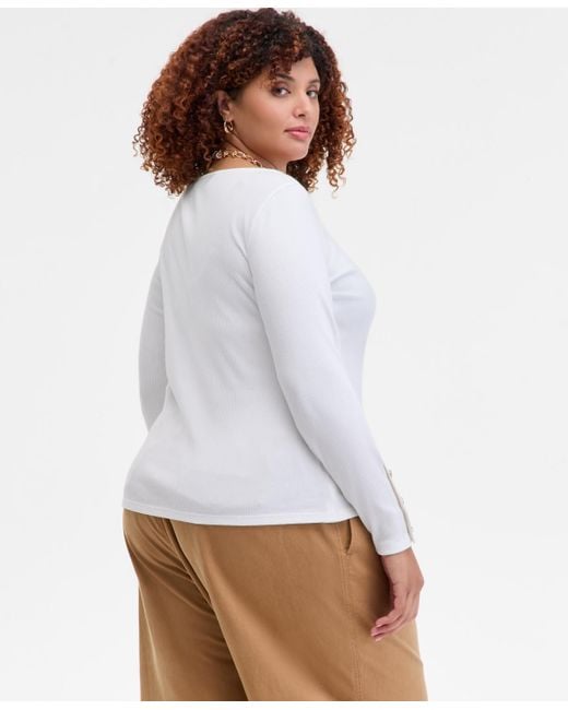 On 34th White Trendy Plus Size Button-cuff Boatneck Top