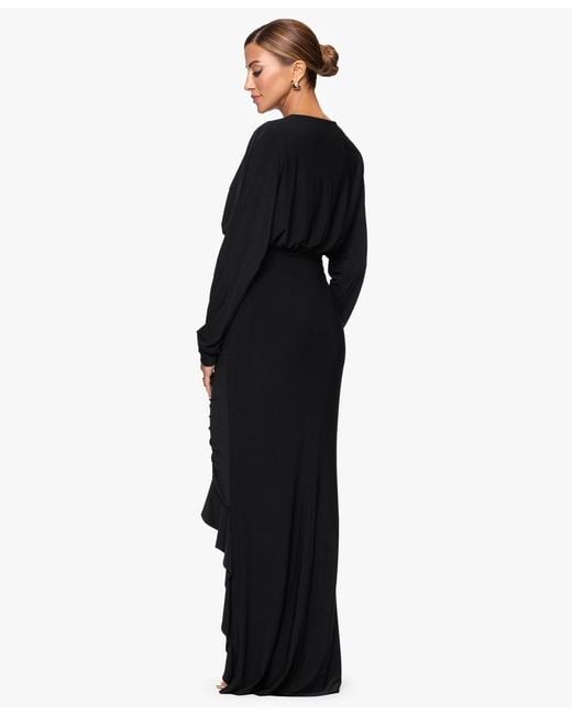Xscape Women's Black V-neck Ruched Asymmetrical Hemline Long Dress