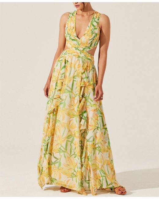 Astr Yellow Noya Floral-print Open-back Gown