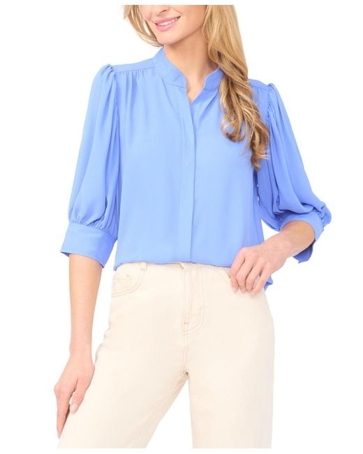 Cece Blue 3/4-sleeve Collared Button Down Top