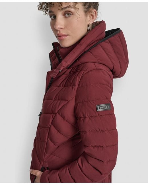 DKNY Red Bibbed Packable Puffer Coat