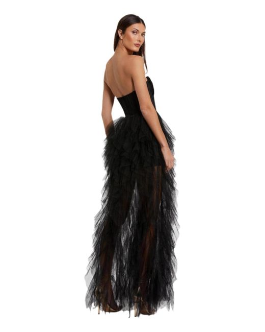 Mac Duggal Black Strapless Bustier Net Gown With Spiral Ruffles