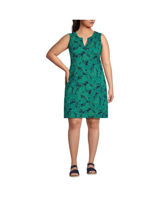 Lands' End Green Plus Size Cotton Jersey Sleeveless Swim Cover-up Dress Print
