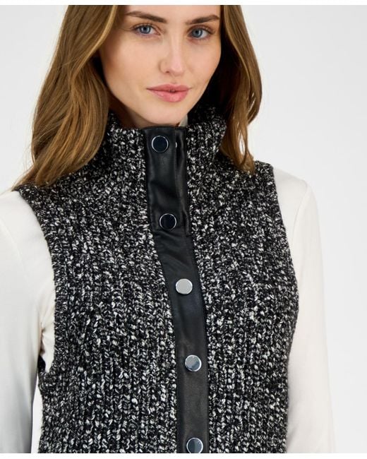 Anne Klein Black Marled Faux-leather-trim Vest