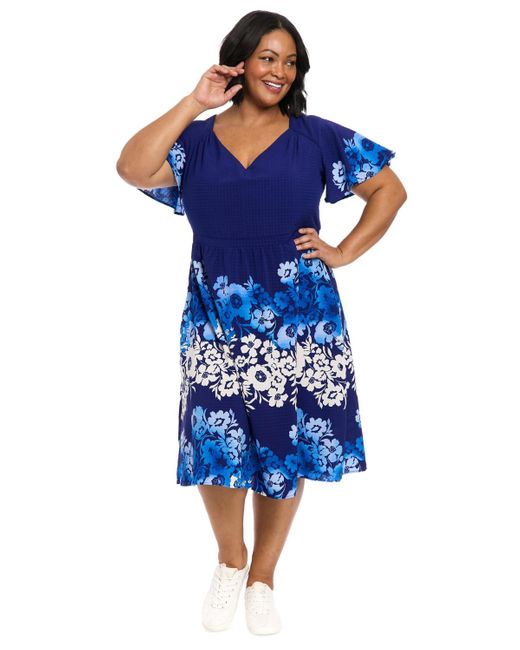 London Times Blue Plus Size Placed-floral Flutter-sleeve Dress