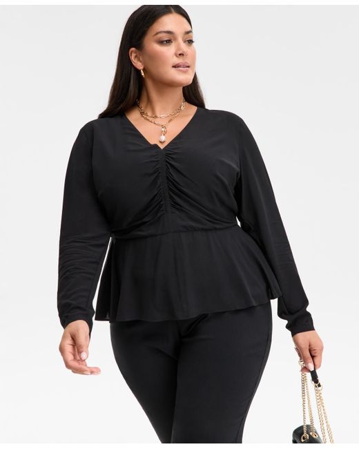 INC International Concepts Black Plus Size Long-sleeve Peplum Top
