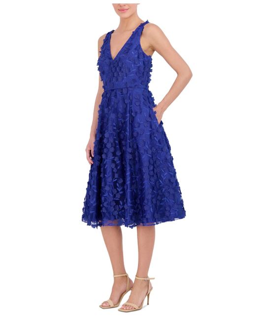 Eliza J Blue Petite 3d Floral V-neck Sleeveless Midi Dress