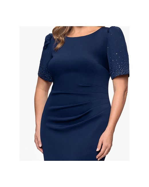 Xscape Blue Plus Size Pleated-waist Studded-sleeve Gown