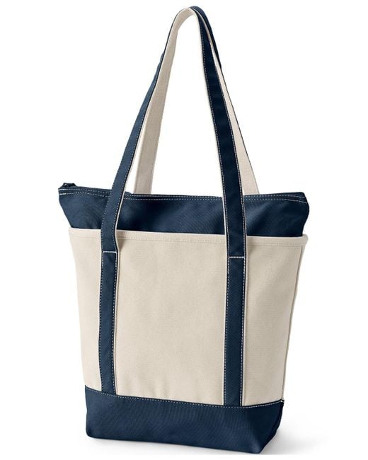 Lands' End Blue Medium 5 Pocket Zip Top Long Handle Canvas Tote Bag