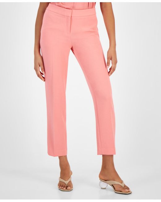 BarIII Pink Textured Crepe Mid Rise Staight-leg Pants