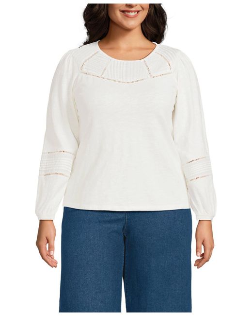 Lands' End White Plus Size Long Sleeve Slub Pintuck Top