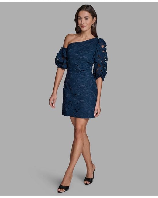 BCBGMAXAZRIA Lace One-shoulder Textured Puff Sleeve Mini Dress in Blue |  Lyst