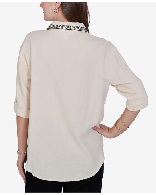 Ruby Rd Gray Petite Embroidered Gauze Button-front Top