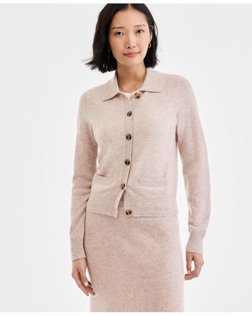 Charter Club Women's Natural 100% Cashmere Collared Shrunken Cardigan