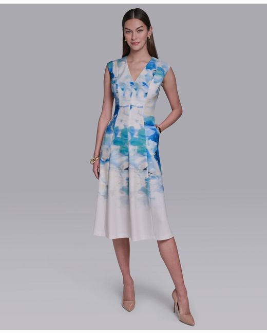 halston heritage cap sleeve cocktail dress Halston V-neck Cap-sleeve Midi Dress in Blue
