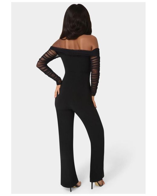 Bebe Blue Off Shoulder Ruched Jumpsuit