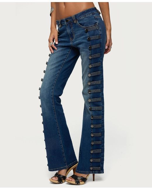 Edikted Blue Button Loop Low Rise Bootcut Jeans