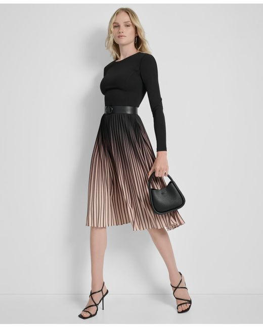 DKNY Multicolor Ombre Sunburst Pleat-skirt Long-sleeve Midi Dress