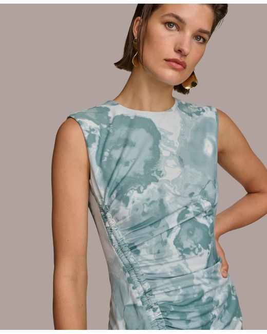 Donna Karan Blue Printed Ruched Sheath Dress