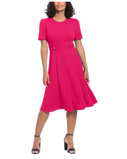 London Times Pink Puff-sleeve Tab-detail Fit & Flare Dress