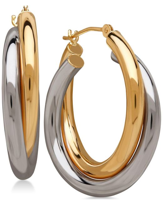 Macy's Metallic Double Overlapped Hoop Earrings In 14k Gold And 14k White Gold