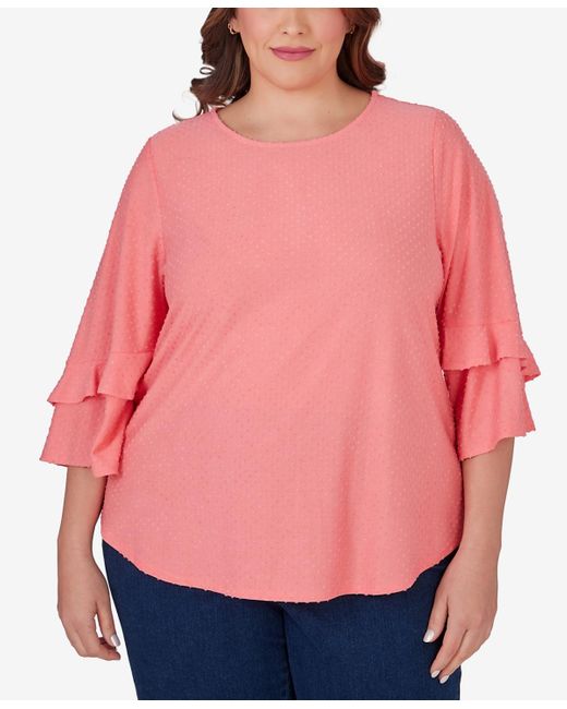 Ruby Rd Pink Plus Size Swiss Dot Textured Solid Party Top