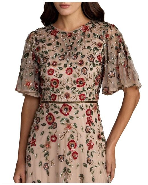 Mac Duggal Brown Floral Embellished Flutter Sleeve Midi Dress