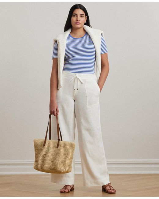 Ralph Lauren Blue Plus Size Striped Stretch Cotton Crewneck Tee