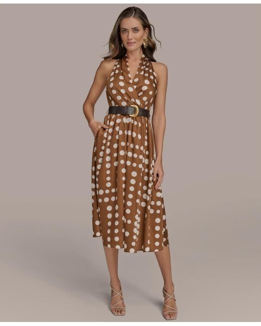 Donna Karan Polka-dot Belted A-line Dress in Brown | Lyst