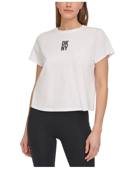 DKNY White Sport Cotton Crewneck Puff-logo Cropped T-shirt