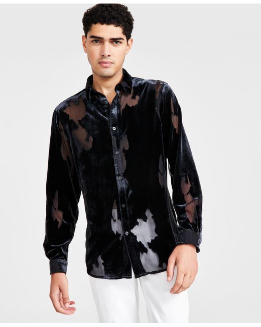 INC International Concepts Black Burnout Long Sleeve Button-front Shirt for men
